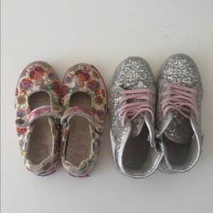 Kids Glitter Lace-Up Sneakers and Floral Mary Janes - Silver & Multi